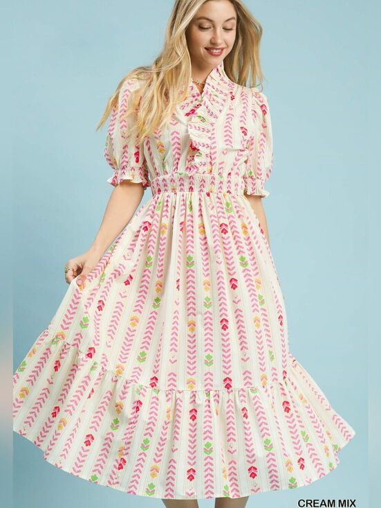 Umgee Dresses & Skirts - 💥3/$180💥Umgee Cream Mix Floral Stripe Midi Dress - Pink & Green sz Large 10-12